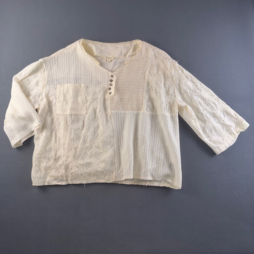 POL Womens Cream Patchwork Floral Embroidered Henley Blouse SMT2268B L